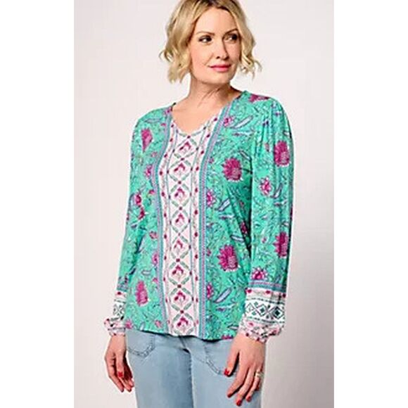 Belle Boho Kim Gravel M Colorful Exotique Border Print Stretch Rayon Knit Top - Picture 2 of 6